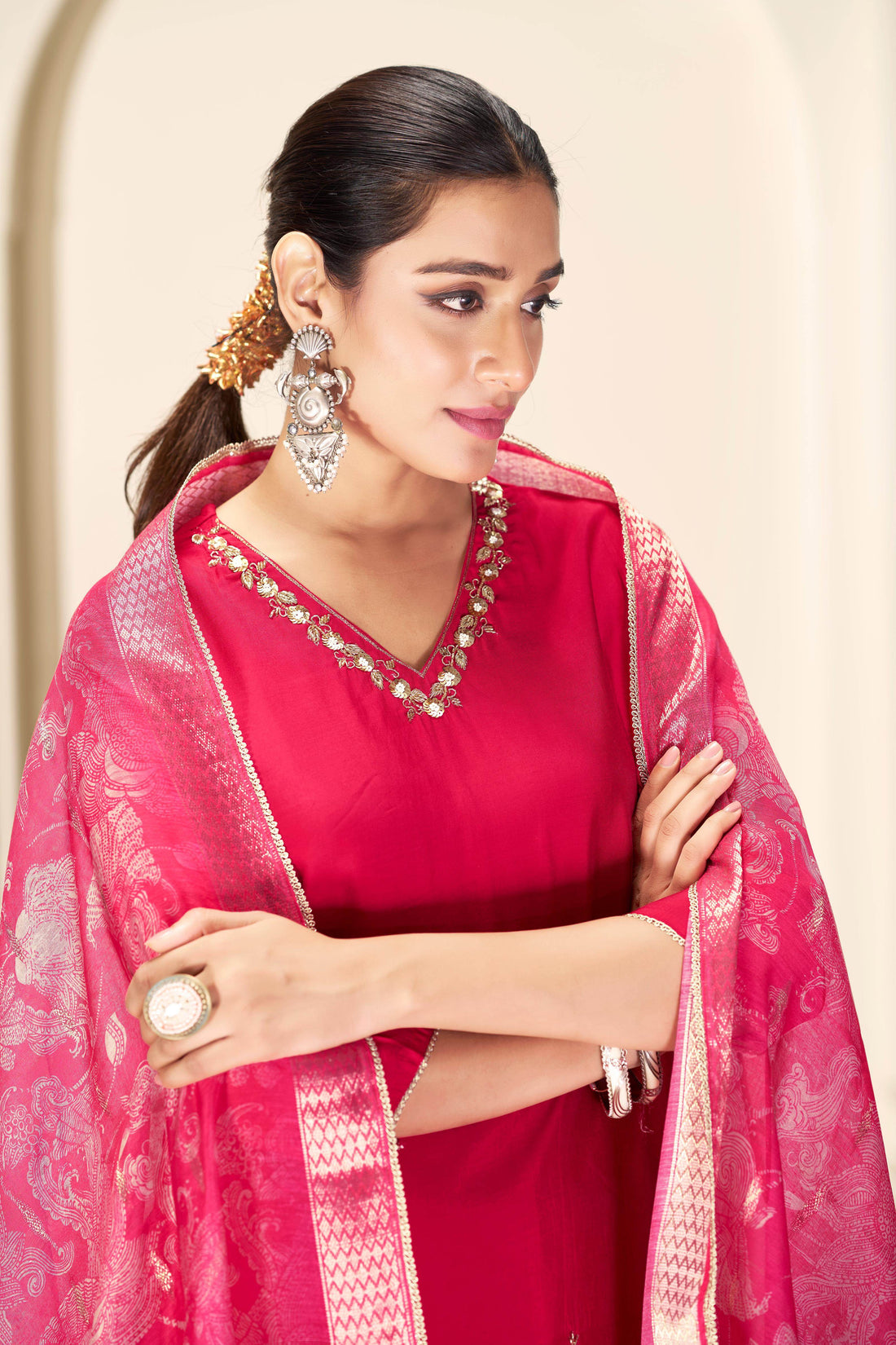 Nirjari Red Silk Kurta Set with Dupatta - BulBul