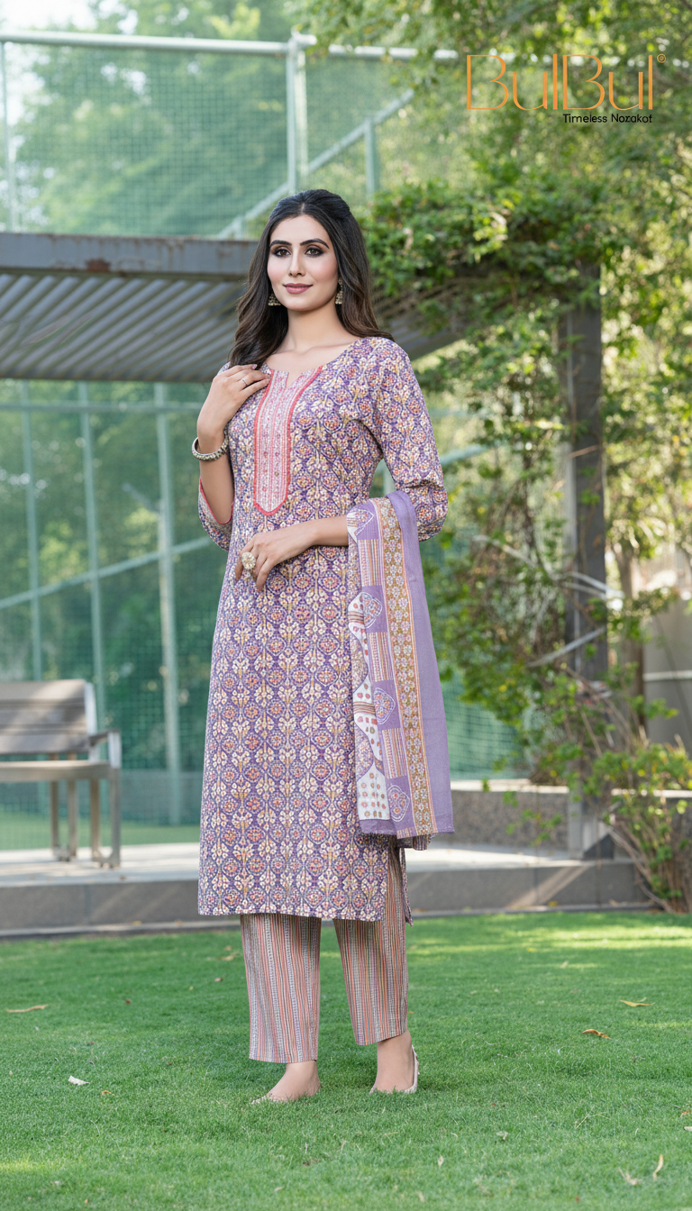 Pure Cotton Fashionista Purple Printed Kurta Set with Thread Embroidery, Mirror & Sequin Detailed Neck Panel and Dupatta