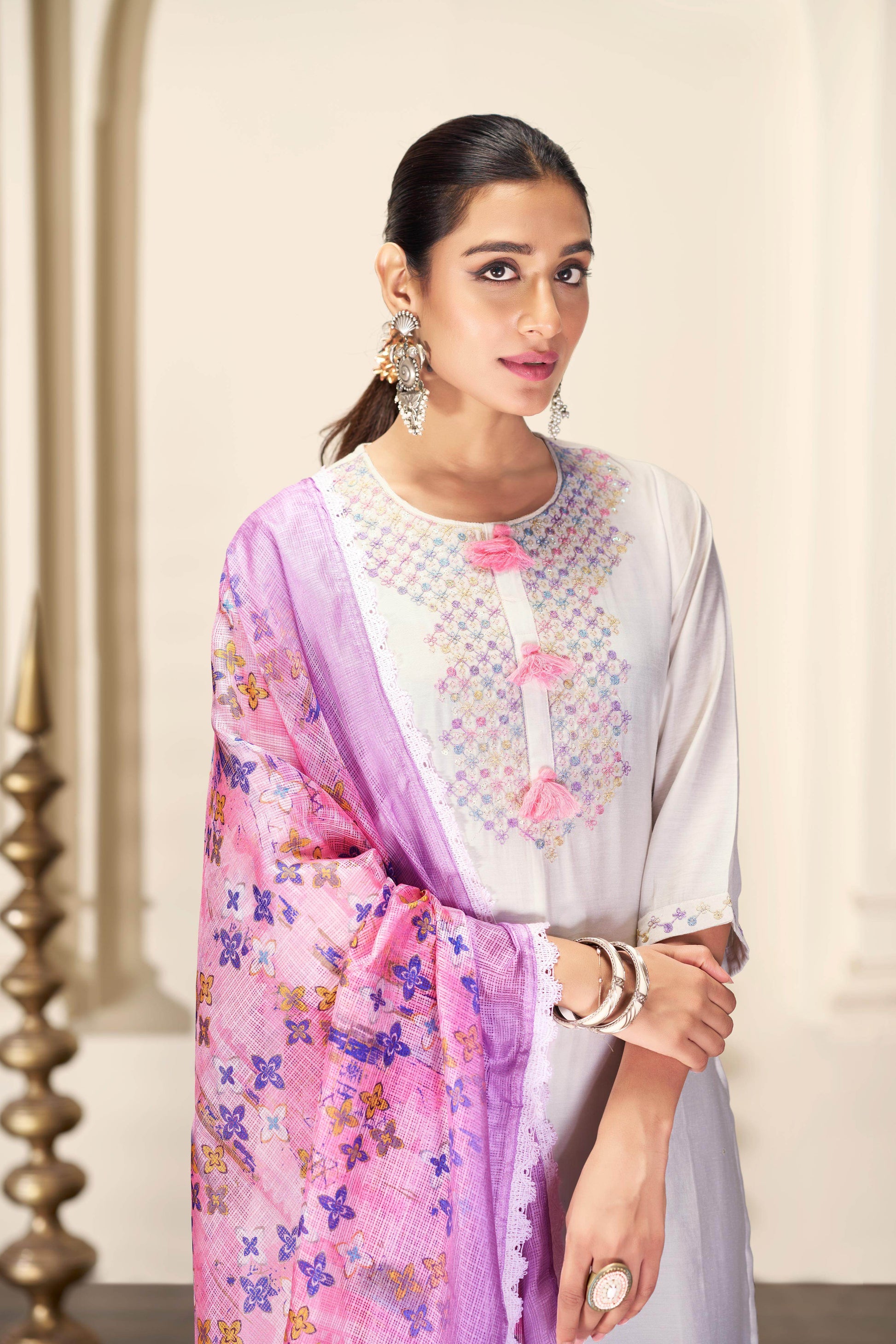 Bhumi Offwhite Silk Kurta Set with Dupatta - BulBul