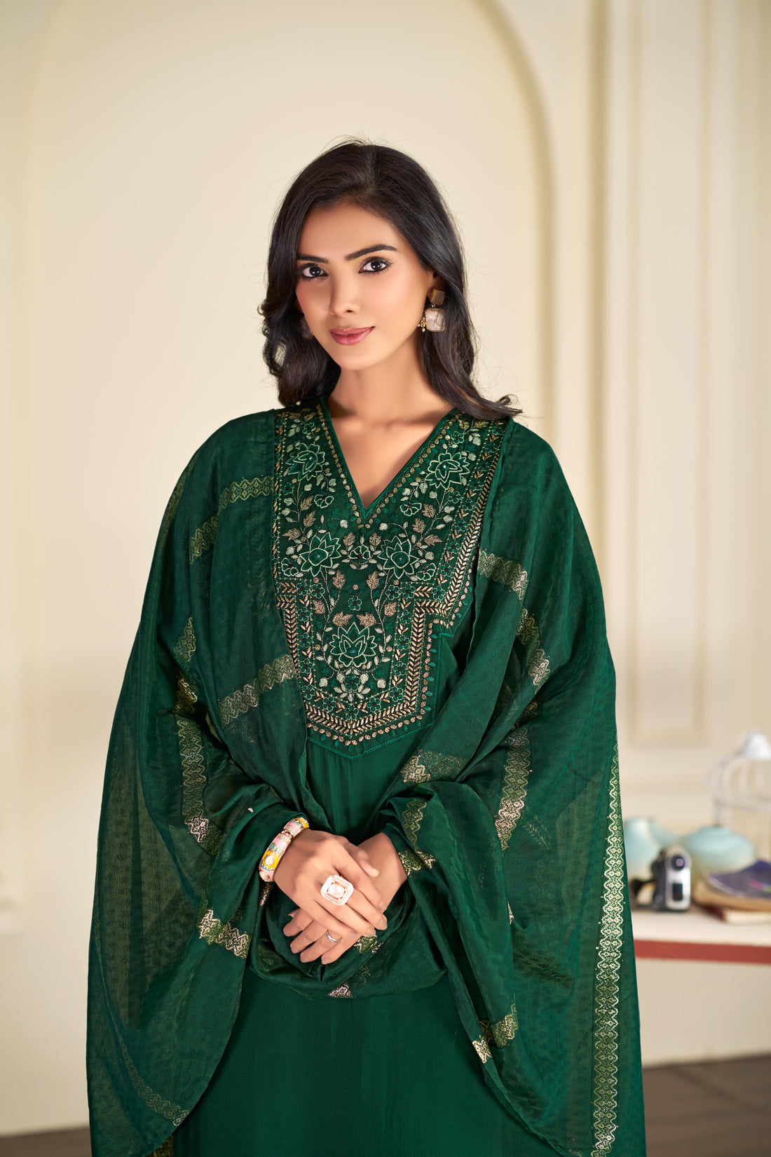 Ruhani Green & Gold Floral Zari Mirror Work Embroidered Yoke Kurta Set with Dupatta in Chanderi Silk with Cotton Mul Lining