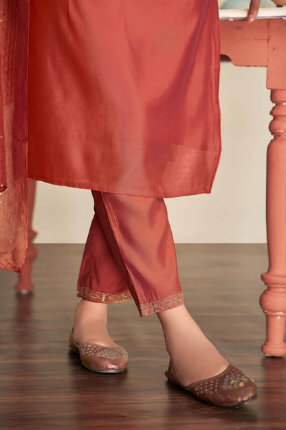 Mira Rust Silk Kurta Set with Dupatta - BulBul