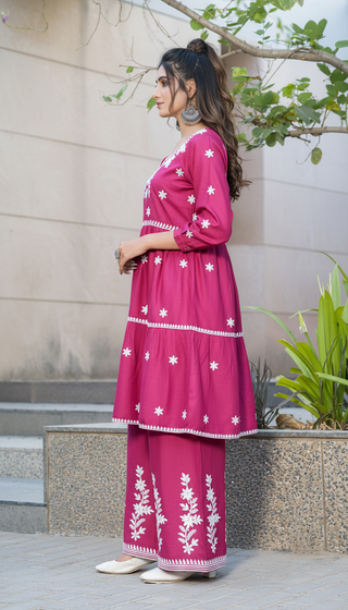 Dhawani Wine Viscose Co-Ord Set with White Floral Thread Embroidery