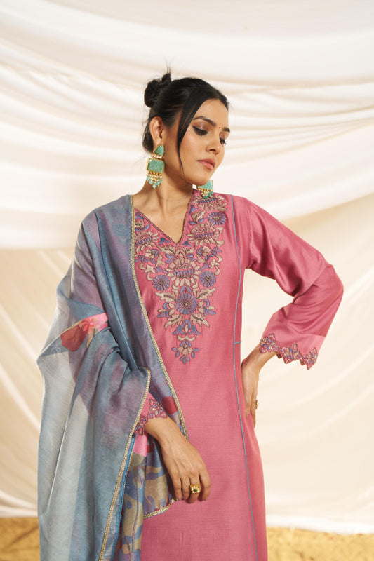 Kayra Blush Pink Hand Bead-Finished Embroidered A-Line Suit Set in Chinnon Silk with Pure Cotton Mul Lining