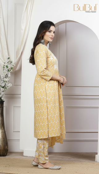 Pure Cotton Gulfam Off White Floral Printed Kurta Set with Cotton Mul Lining, Glass Bugle Handwork Neckline and Dupatta