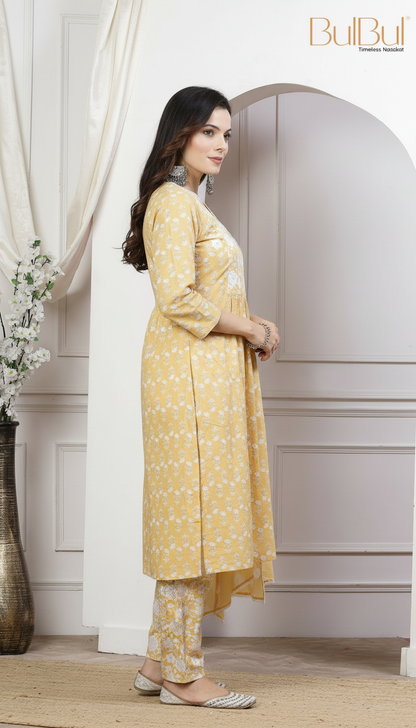 Pure Cotton Gulfam Off White Floral Printed Kurta Set with Cotton Mul Lining, Glass Bugle Handwork Neckline and Dupatta