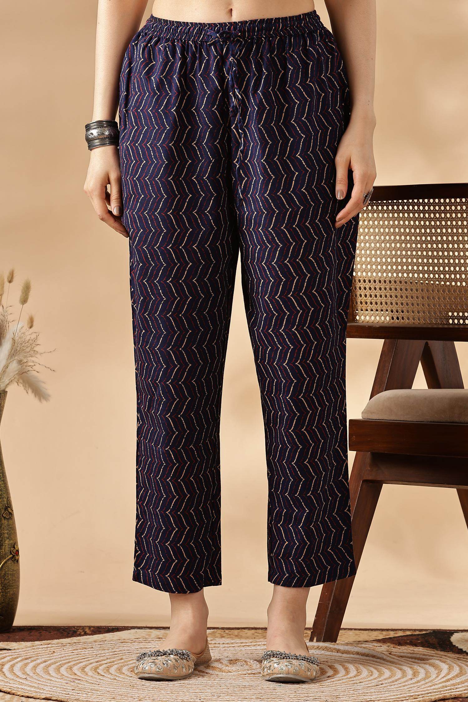 Navy Cotton Abstract Kurta Set with Dupatta - BulBul