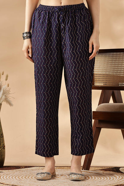 Navy Cotton Abstract Kurta Set with Dupatta - BulBul