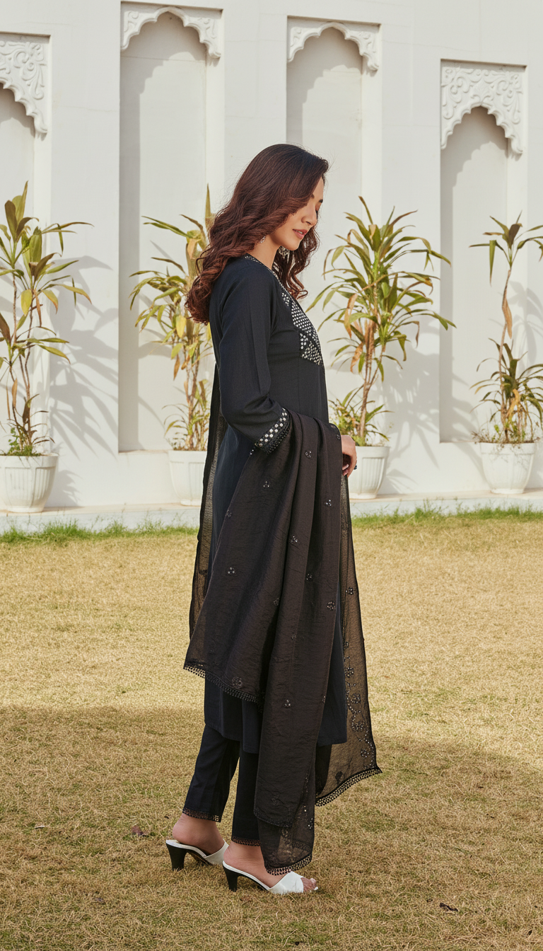 Maryam Black Pure Cotton  Linen Kurta Set with Dupatta Featuring Hand Embroidered Mirror Work Neckline with Cotton Mul Lining