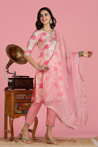 Women Peach Kota Doriya Kurta Set with Dupatta