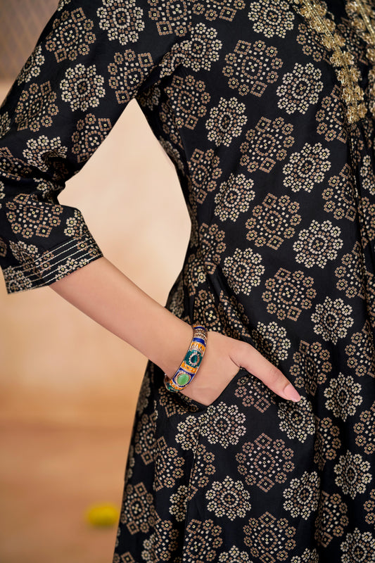 Rashmi Black Ethnic Motif Print Hand Embellished, Sequins and Bugle Bead Work Suit Set in Chanderi Silk with Pure Cotton Mul Lining