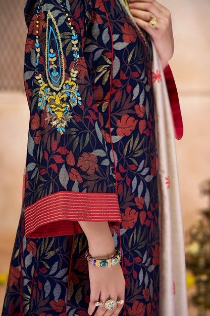 Rashmi Navy Multi-Color Hand Embroidered & Hand Embellished Suit Set with Zari, Dabka, Bead and Sequins Work in Chanderi Silk with Pure Cotton Mul Lining