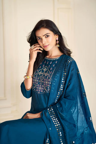 Prachi Silk Teal Kurta Set with Dupatta - BulBul