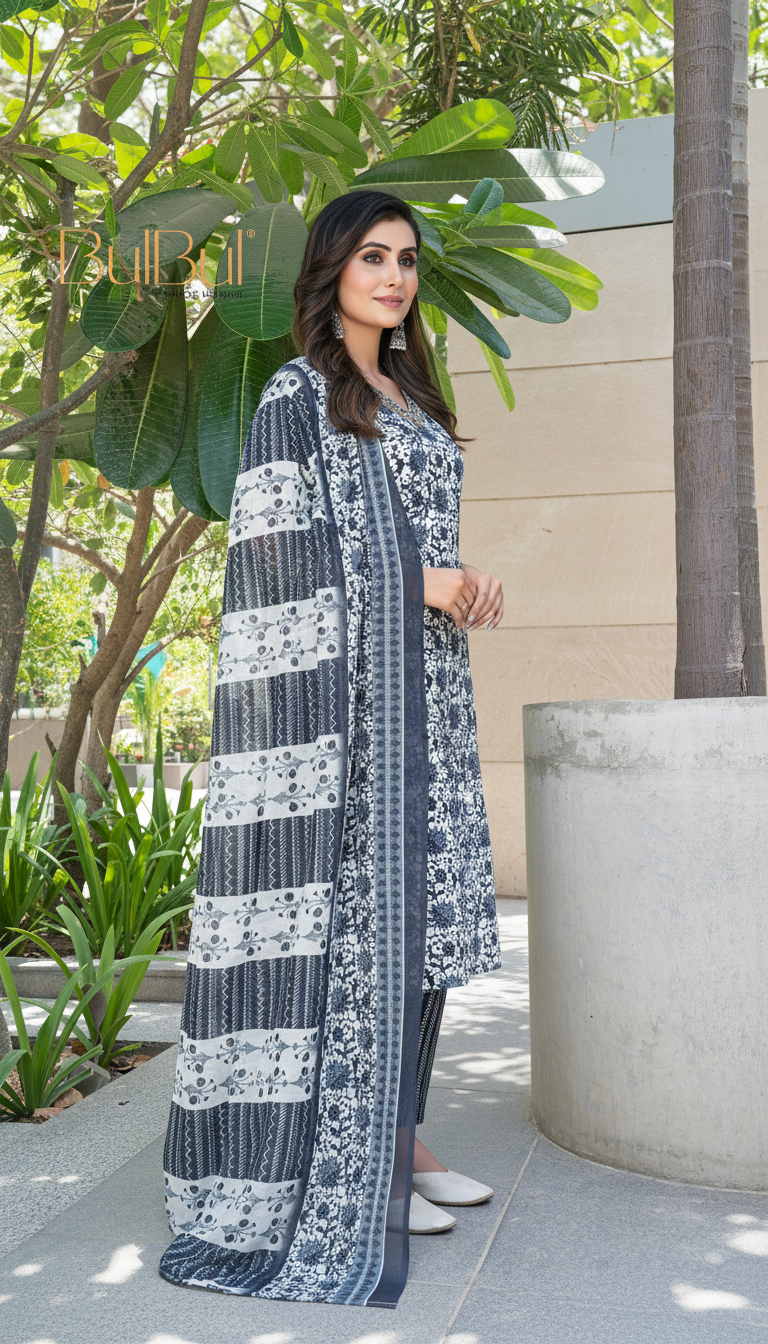Pure Cotton Navy Floral Printed Kurta Set with Sequin Embellished Neckline & Dupatta