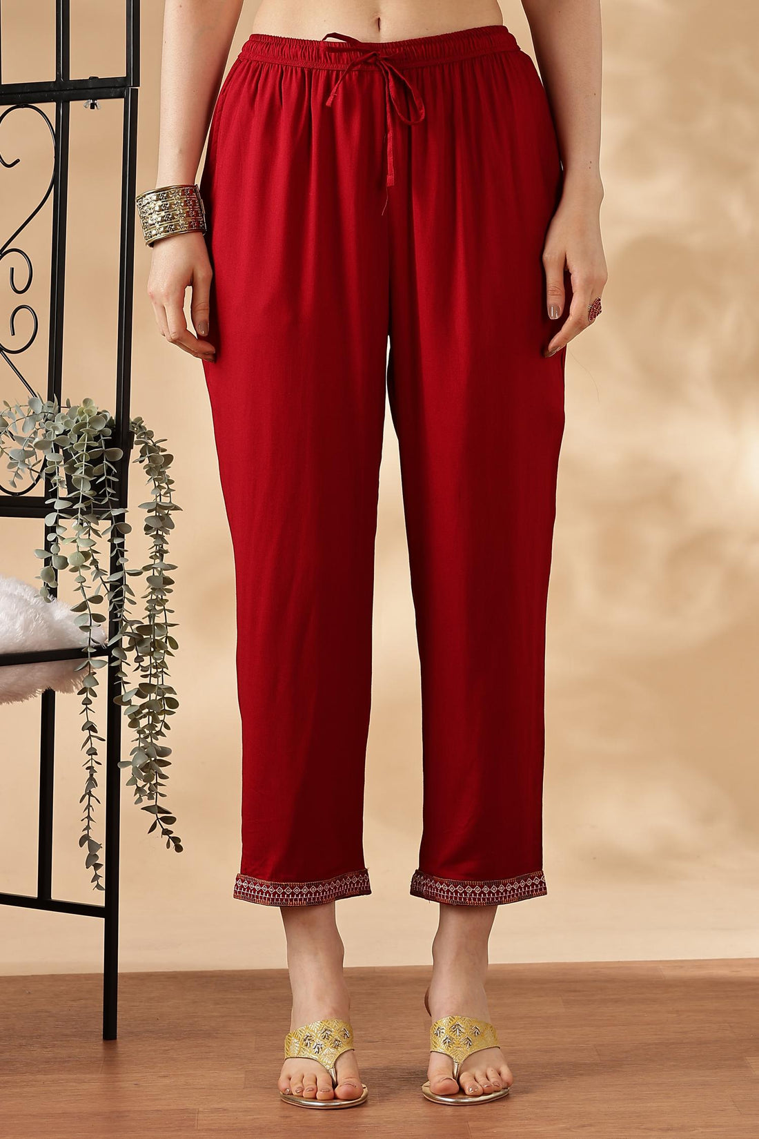 Shamaira Rust Ethnic Printed Salwar Suit with Thread Embroidered Neck Panel in Viscose