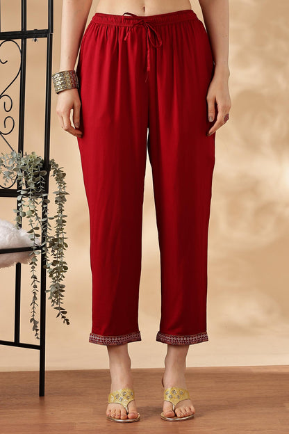 Shamaira Rust Ethnic Printed Salwar Suit with Thread Embroidered Neck Panel in Viscose