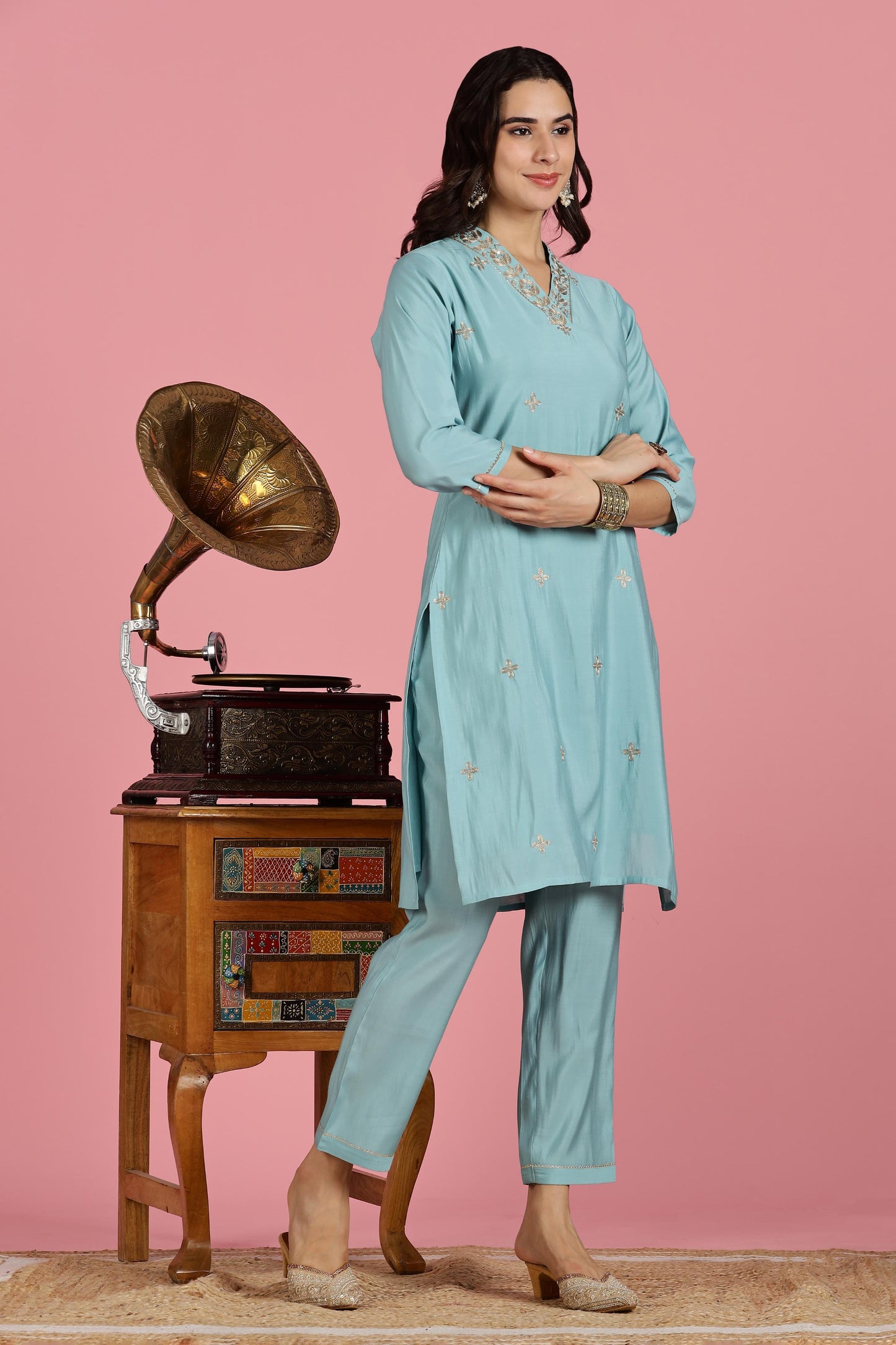 Women Sky Blue Dori Embroidered Roman Silk Kurta Set