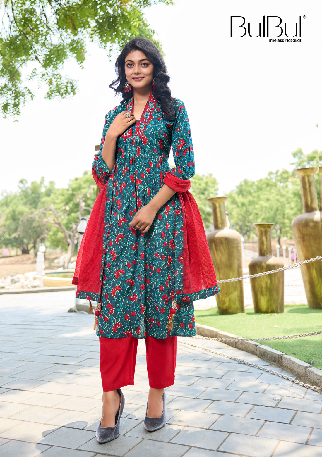 Pure Cotton Anupriya Blue Floral Printed Pure Cotton Kurta Set with Resham Thread Embroidered Neckline and Handcrafted Mirror Work with Dupatta