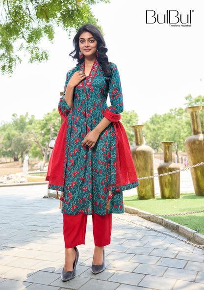Pure Cotton Anupriya Blue Floral Printed Pure Cotton Kurta Set with Resham Thread Embroidered Neckline and Handcrafted Mirror Work with Dupatta