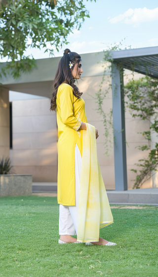 Pooja Sunshine Yellow Viscose Kurta Set with Lucknowi Style White Paisley Embroidery and Dupatta