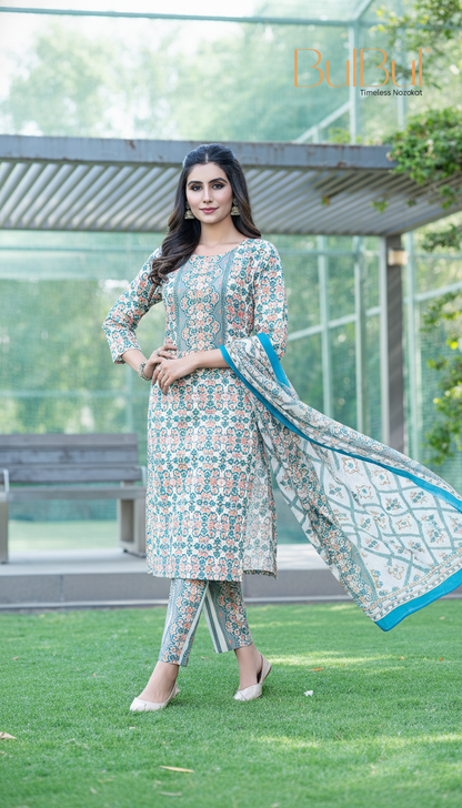 Pure Cotton Green-Blue Printed Kurta Set with Subtle Sequin Detail & Dupatta