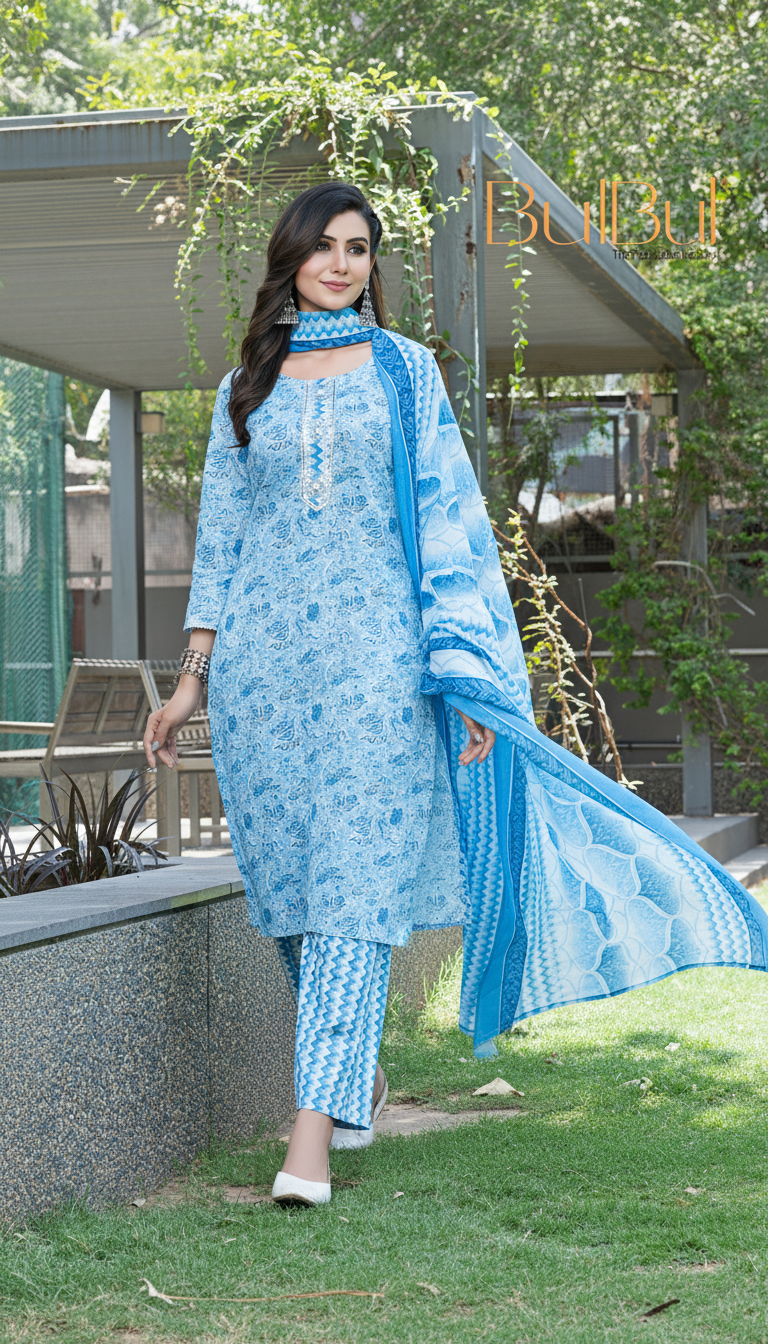 Pure Cotton Blue Floral Printed Kurta Set with Silver Zari Thread & Sequin Embroidered Placket