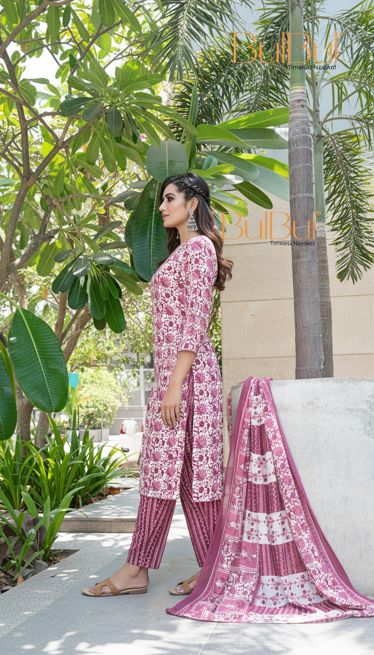 Pure Cotton Wine Floral Printed Kurta Set with Sequin Embellished Neckline & Dupatta