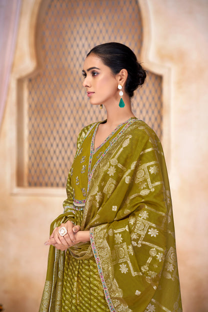 Rashmi Mehndi Green Hand Embellished Multicolor Bead and Sequins Work Suit Set in Chanderi Silk with Pure Cotton Mul Lining
