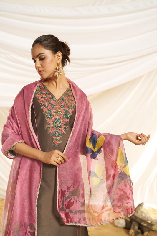 Kayra Brown Hand Bead-Finished Embroidered A-Line Suit Set in Chinnon Silk with Pure Cotton Mul Lining