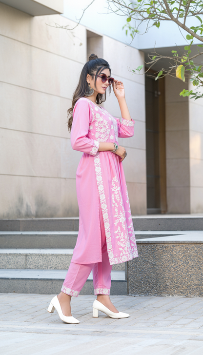 Arushi Blush Pink Embroidered Viscose Kurta Set with Lucknowi Inspired Floral Jaal Work
