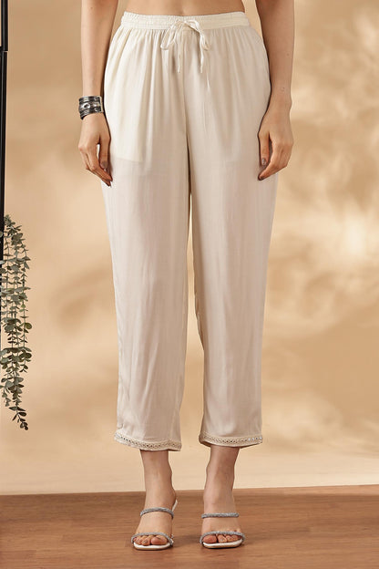 Sagarika Printed Red & Off White Salwar Suit with Hand Embroidered Mirror Work Neckline in Viscose