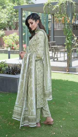 Pure Cotton Green Floral Printed Kurta Set with Silver Zari Thread & Sequin Embroidered Placket