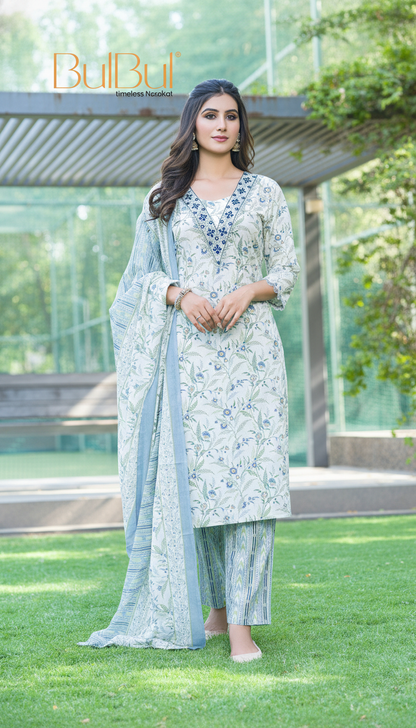 Pure Cotton Fashionista Blue Floral Printed Kurta Set with Mirror & Thread Embroidered Neckline