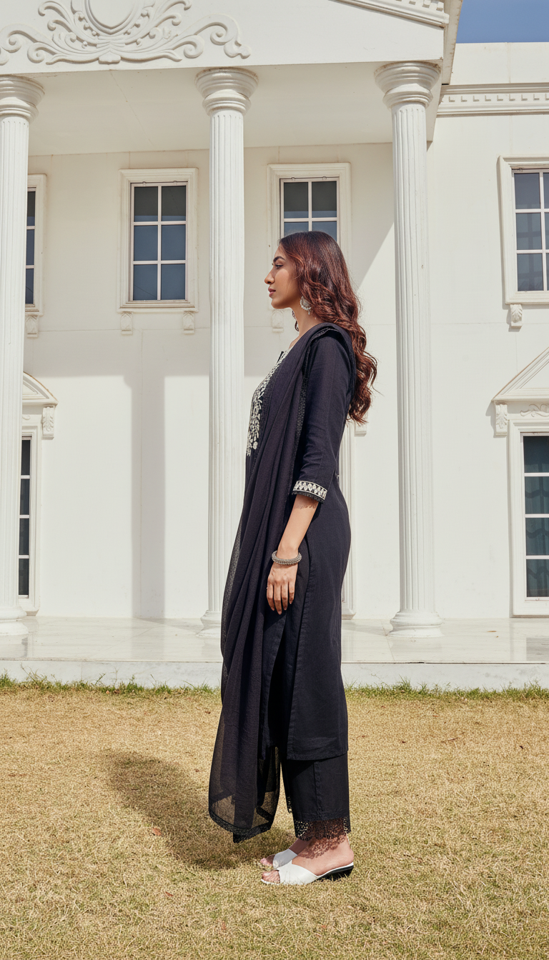 Samantha Black Pure Cotton Linen Kurta Set with Chikankari Floral Embroidered Neckline and Cotton Mul Lining