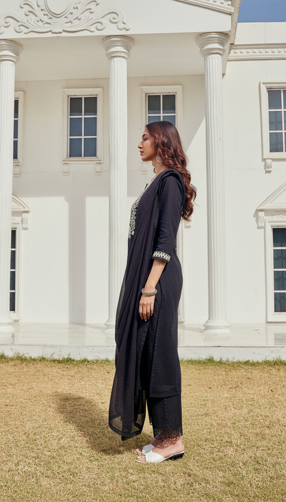 Samantha Black Pure Cotton Linen Kurta Set with Chikankari Floral Embroidered Neckline and Cotton Mul Lining