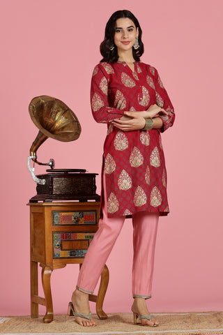 Maroon Viscose Printed Kurti with Thread Embroidered Mandarin Collar and Sequin Detailing