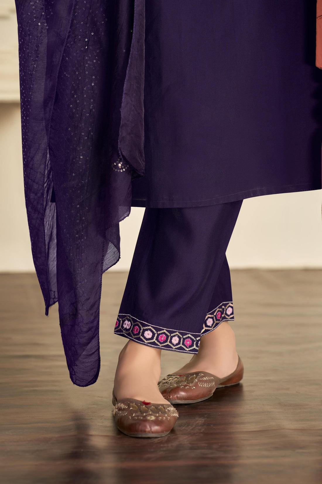 Samira Purple Multi-Color Floral & Jaali Embroidered Yoke Kurta Set with Sequin Work Dupatta in Chanderi Silk with Cotton Mul Lining