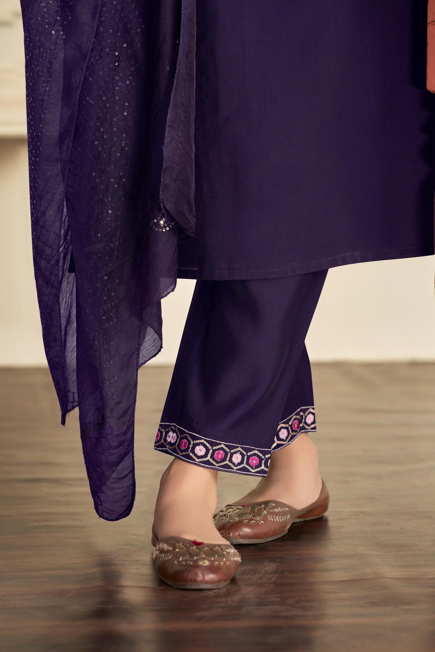 BulBul Samira Purple Embroidered Roman Silk  Salwar Suit