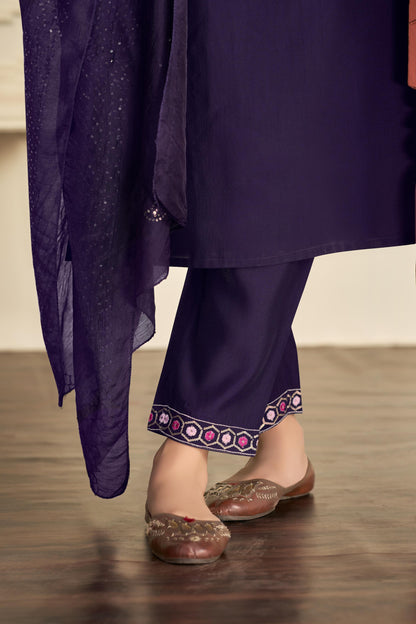 Samira Purple Multi-Color Floral & Jaali Embroidered Yoke Kurta Set with Sequin Work Dupatta in Chanderi Silk with Cotton Mul Lining