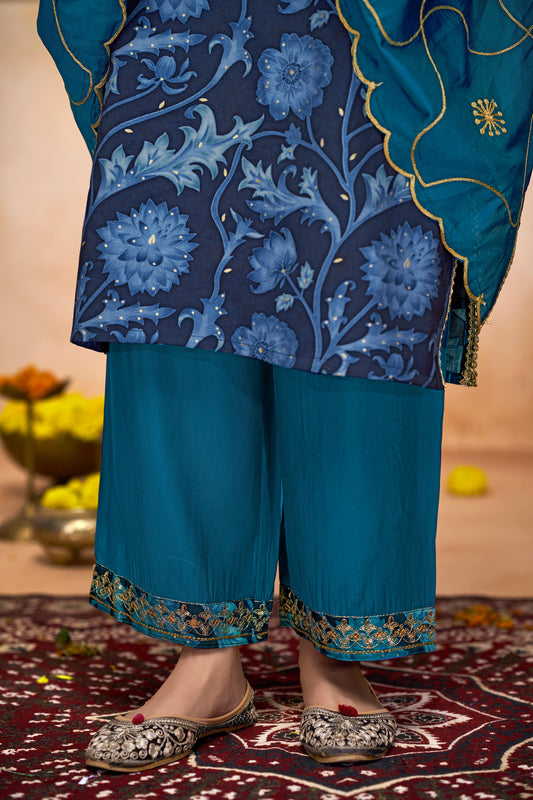 Rashmi Navy Hand Sequins and Bead Embellished Neckline and Zari Work Suit Set in Chanderi Silk with Pure Cotton Mul Lining