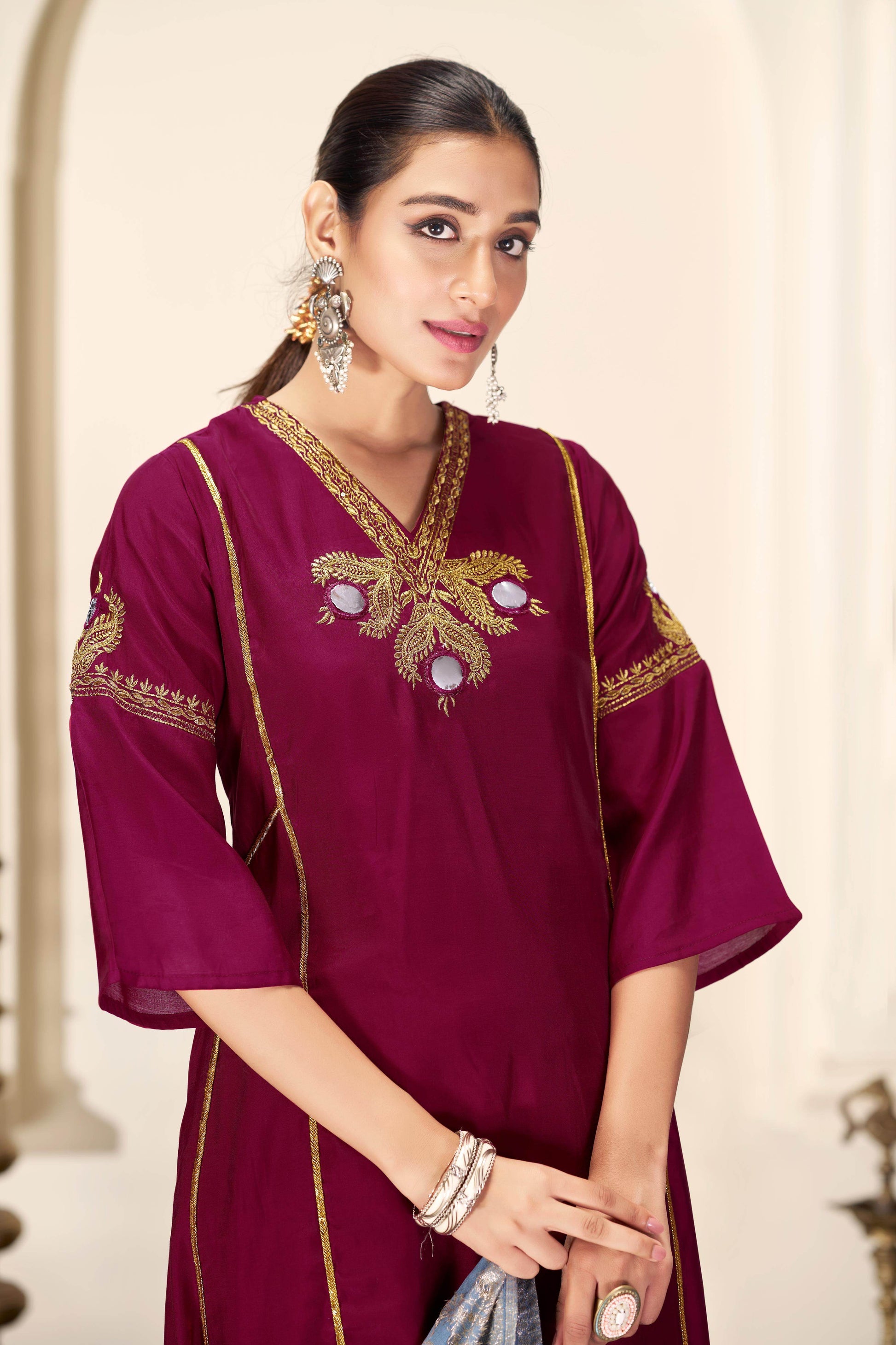 Shruti Silk Wine Kurta Set with Dupatta - BulBul