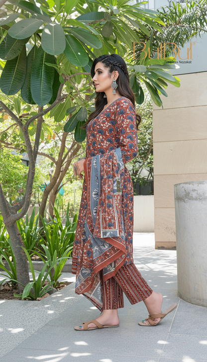 Pure Cotton Fashionista Rust Floral Printed Kurta Set with Contrast Thread-Detailed V-Neck and Dupatta