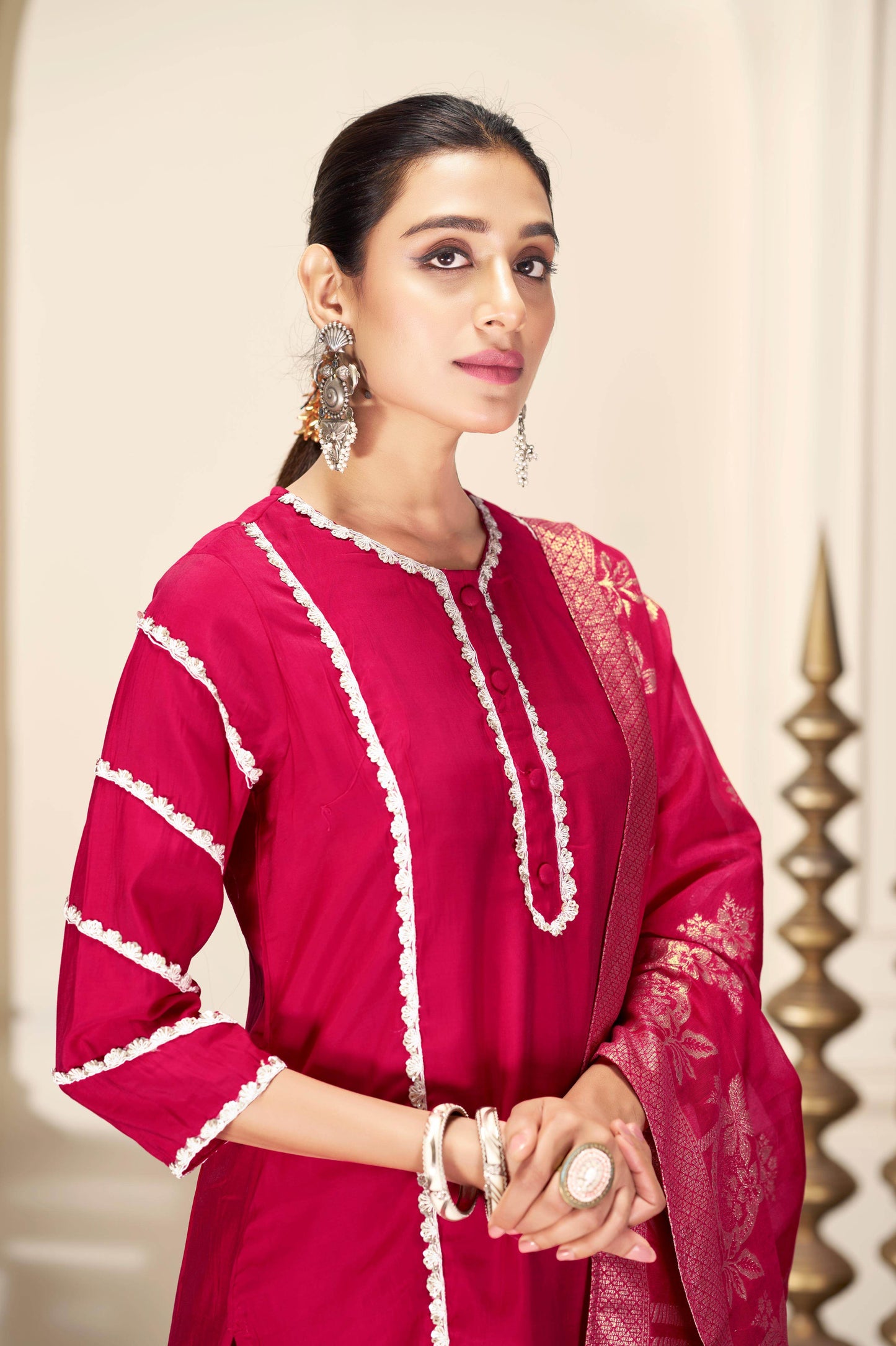 Almina Red Silk Kurta Set with Dupatta - BulBul