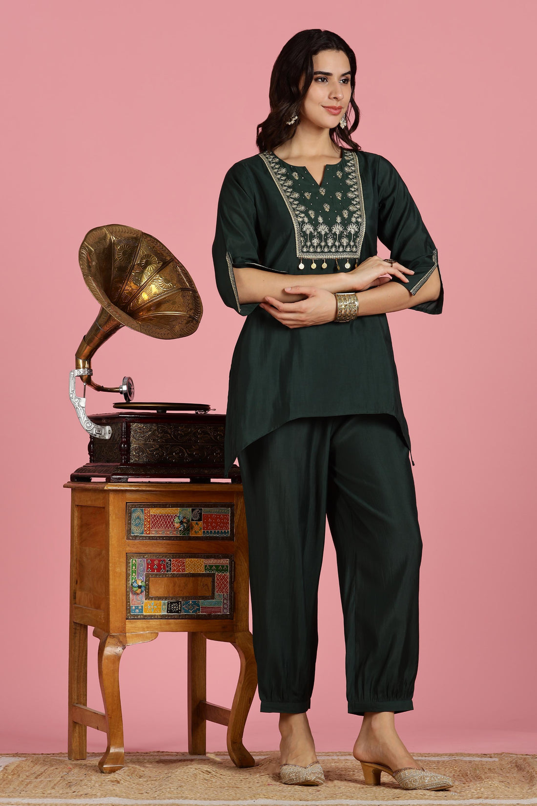 Dark Green Solid Chanderi Silk Kurta Set with Zari Thread Embroidered Yoke and Coin Embellishment Detailing