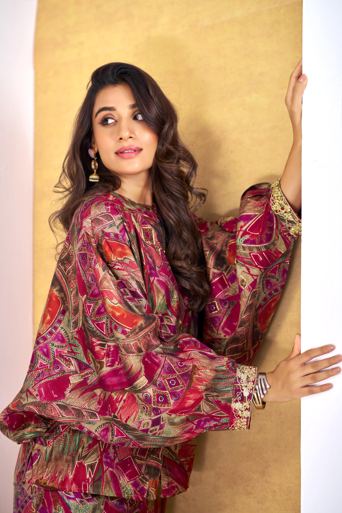 Mehzabin Red Modal Chanderi Co-Ord Set with Zari Embroidered Sequin Cuffs and Statement Bell Sleeves