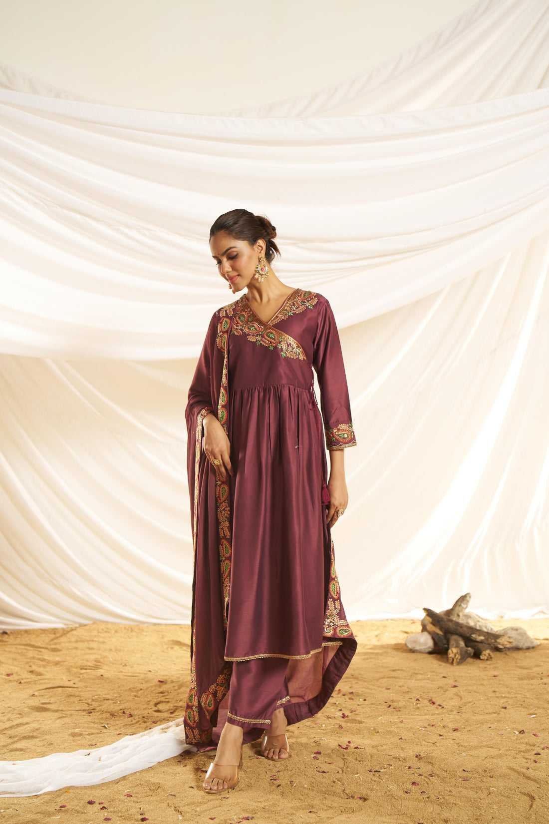 Kayra Wine Paisley Hand-Embroidered & Coin Sequin Work Angrakha Suit Set in Chinnon Silk with Cotton Mul Lining
