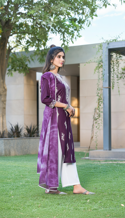 Pooja Purple Viscose Kurta Set with Lucknowi Style White Paisley Embroidery and Dupatta