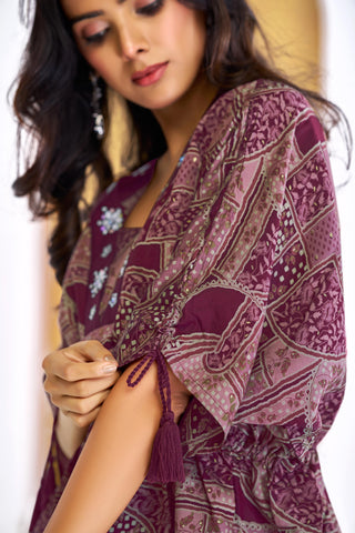 Hetal Wine Heritage Print Modal Chanderi Co-Ord Set with Bead, Patti Sequin and Crystal Appliqué Neckwork