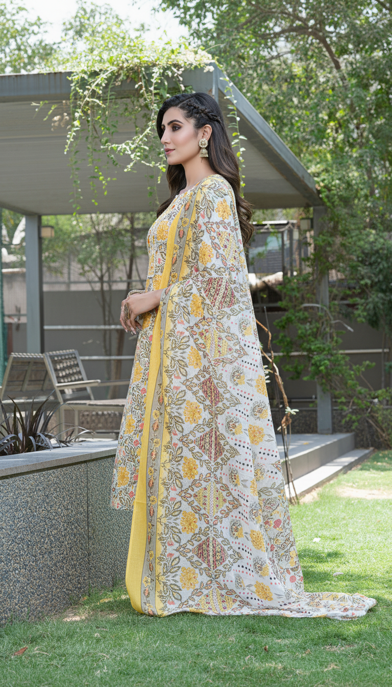 Pure Cotton Mustard Printed Kurta Set with Intricate Thread Embroidery & Mirror Work Neckline with Dupatta