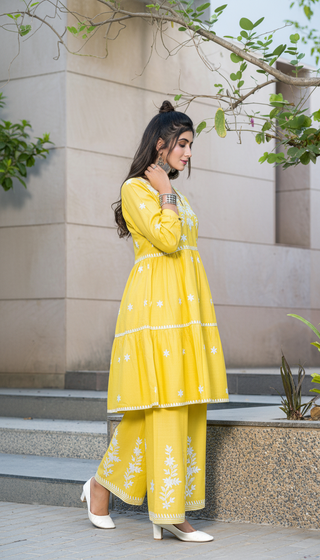 Dhawani Mustard Viscose Co-Ord Set with White Floral Thread Embroidery