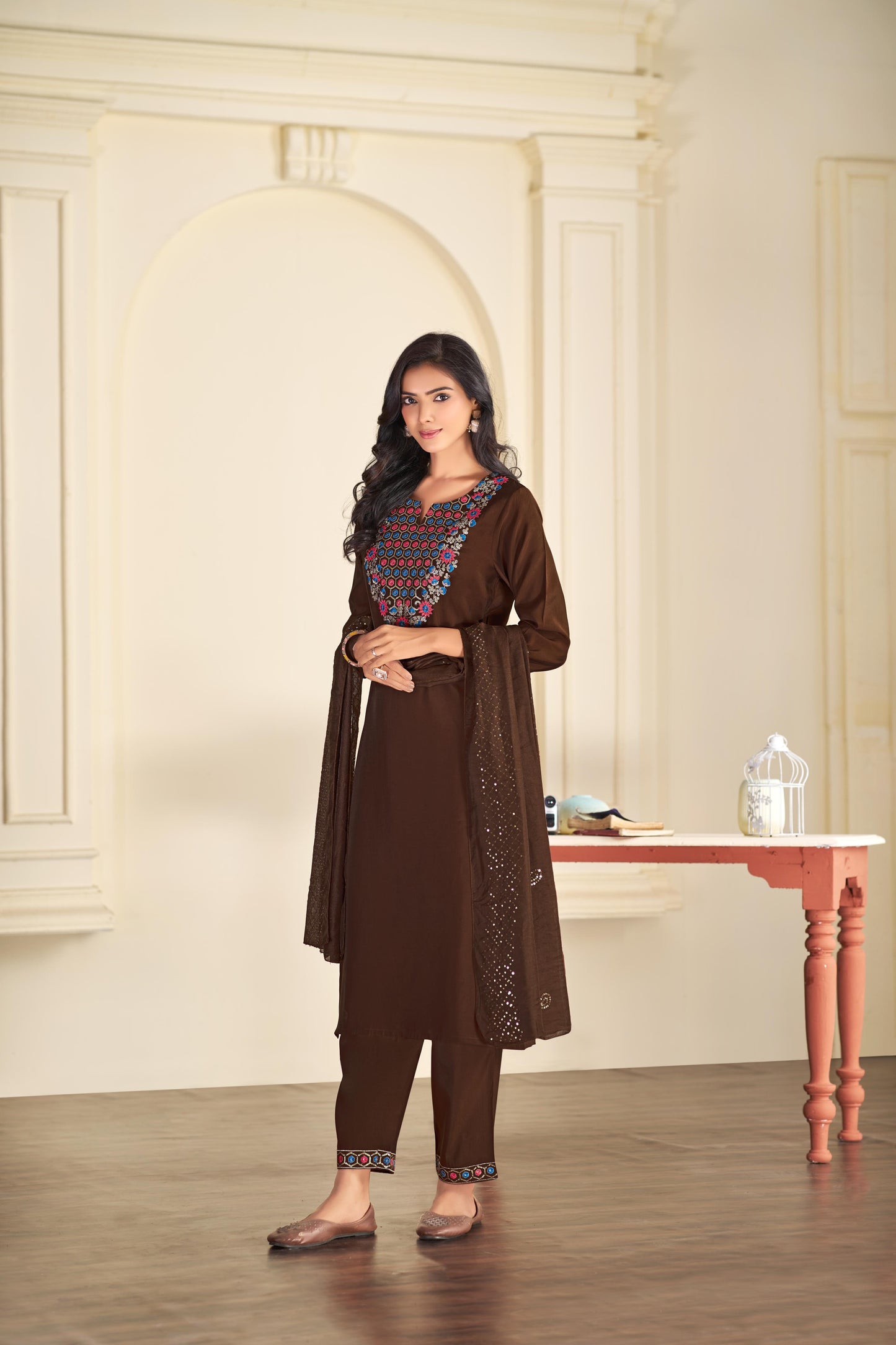 BulBul Samira Brown Embroidered Roman Silk  Salwar Suit